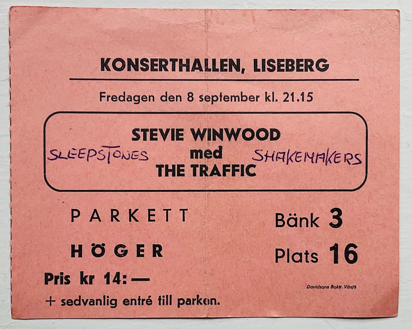 Traffic Steve Winwood Original Used Concert Ticket Konserthallen Liseberg 8th Sep 1967