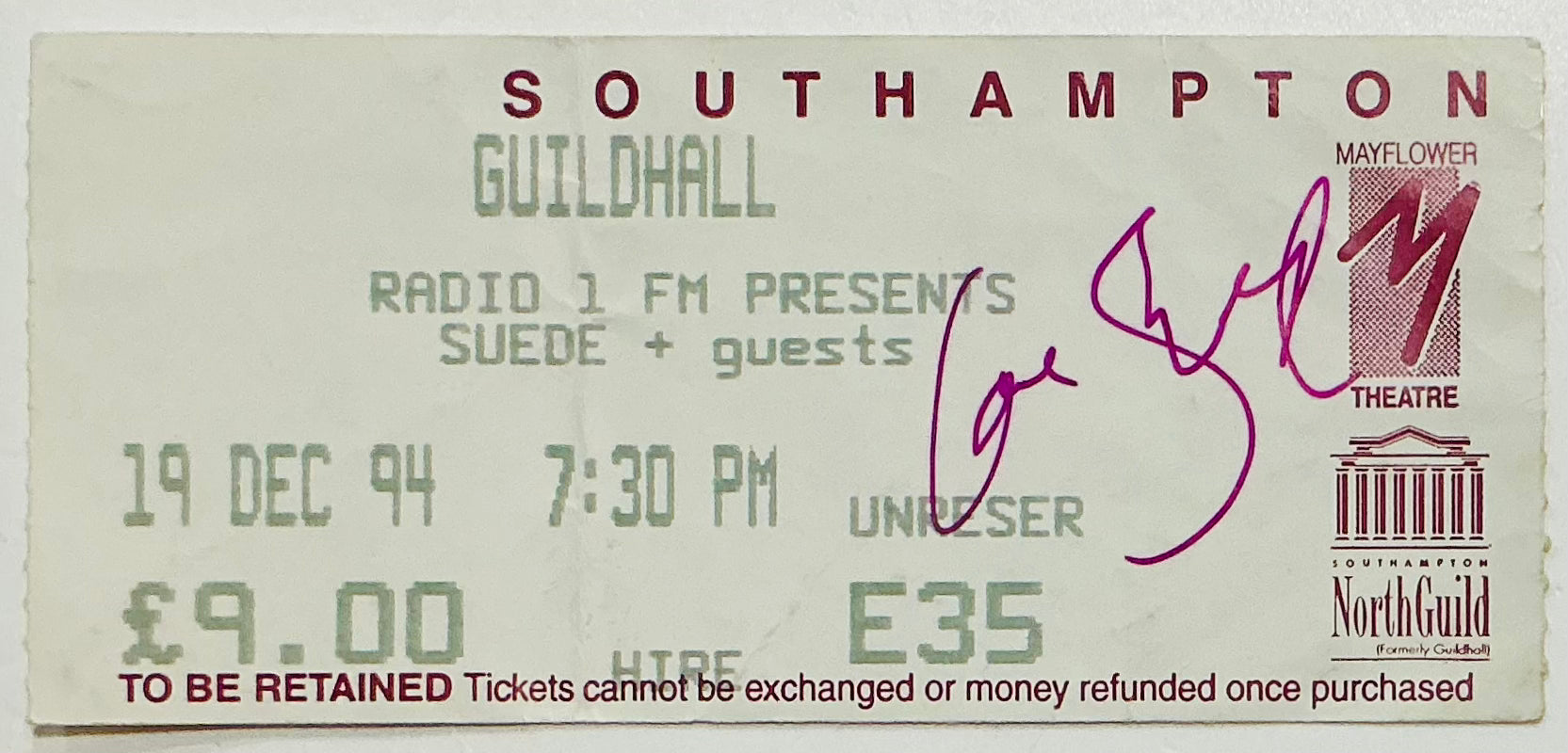Suede Original Used Signed Concert Ticket Guildhall Southampton 19th Dec 1994
