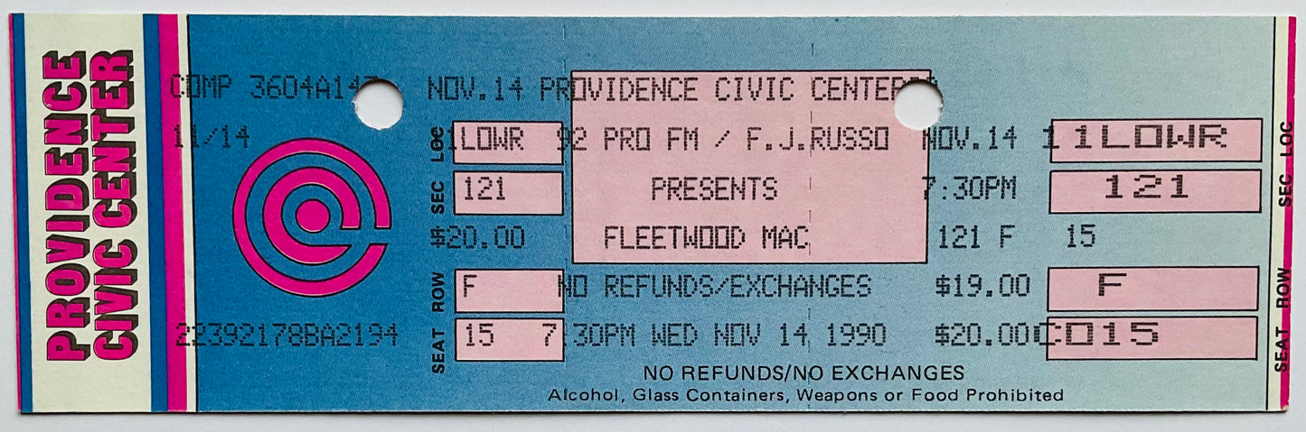 Fleetwood Mac Original Unused Concert Ticket Providence Civic Center 14th Nov 1990