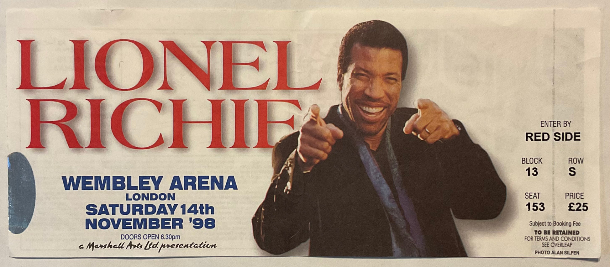 Lionel Richie Original Used Concert Ticket Wembley Arena London 14th Nov 1998