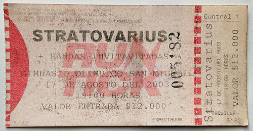 Stratovarius Original Unused Concert Ticket Gimnasio Olímpico de San Miguel Santiago 17th Aug 2003