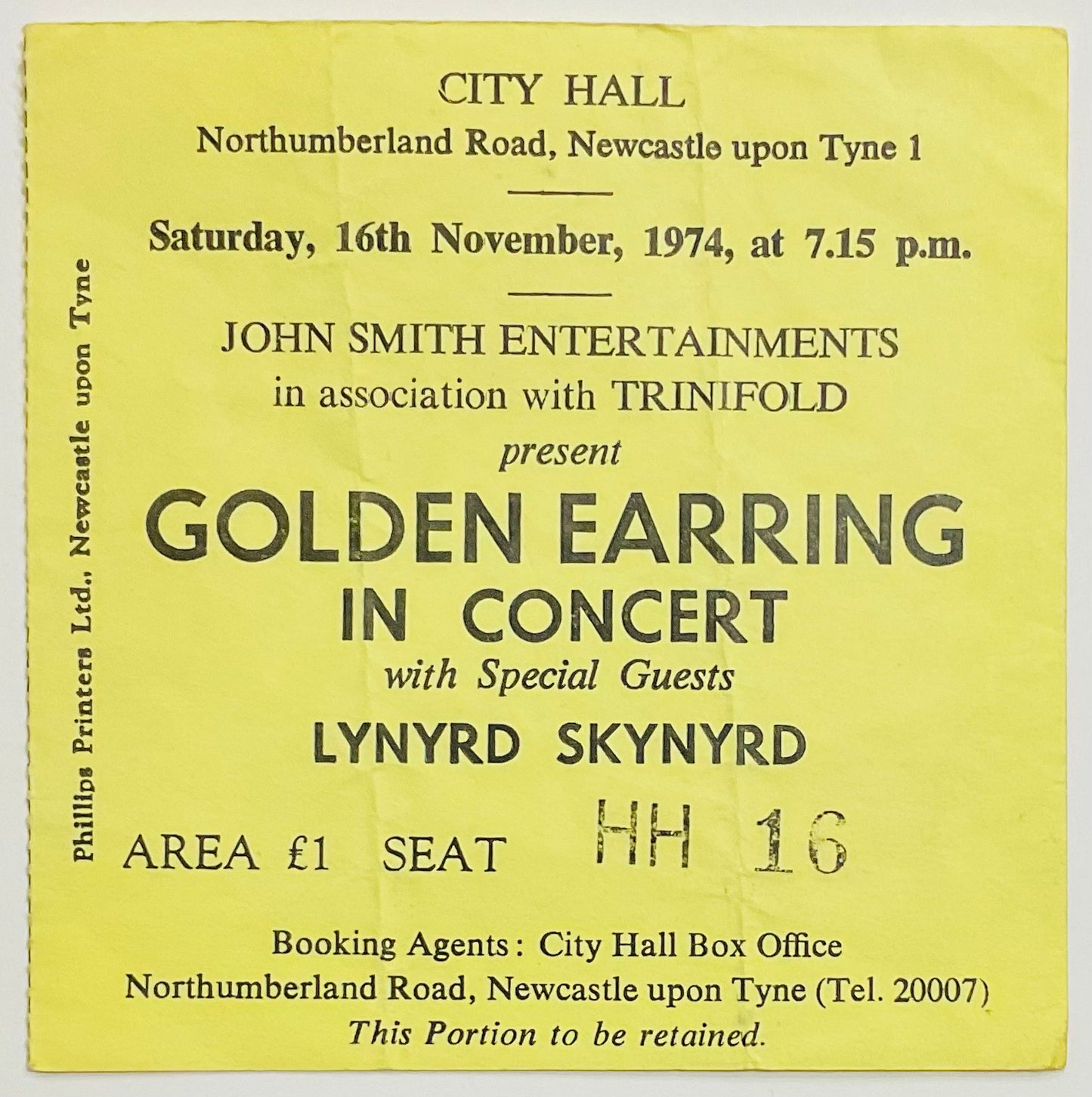 Lynyrd Skynyrd Golden Earring Original Used Concert Ticket City Hall Newcastle 16th Nov 1974