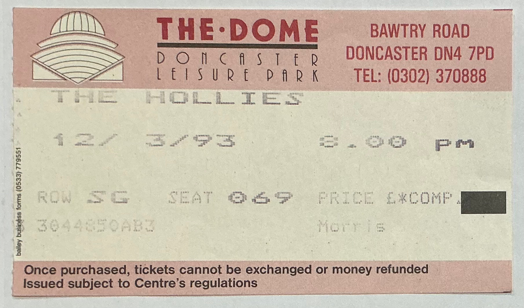 Hollies Original Used Concert Ticket The Dome Doncaster 12th Mar 1993