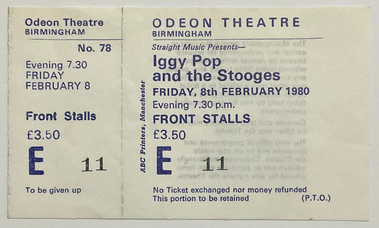 Iggy Pop Original Unused Concert Ticket Odeon Theatre Birmingham 8th Feb 1980