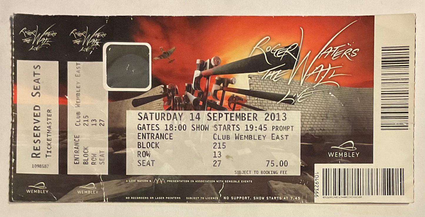 Pink Floyd Roger Waters Original Used Concert Ticket Wembley Stadium London 14th Sept 2013
