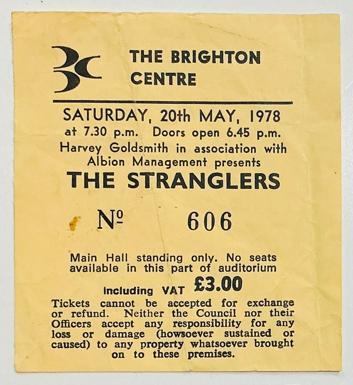 Stranglers Original Used Concert Ticket Brighton Centre 20th May 1978