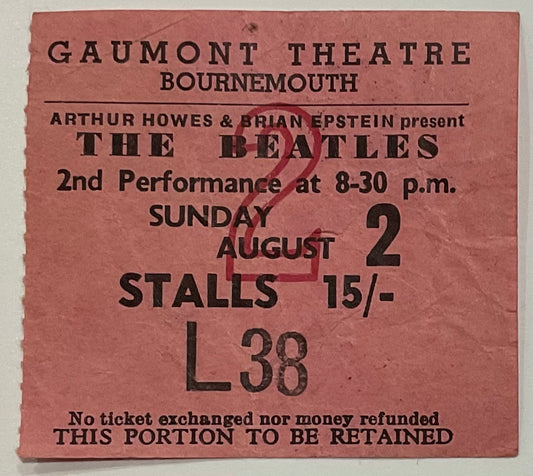 Beatles Original Concert Ticket Gaumont Theatre Bournemouth 2nd Aug 1964