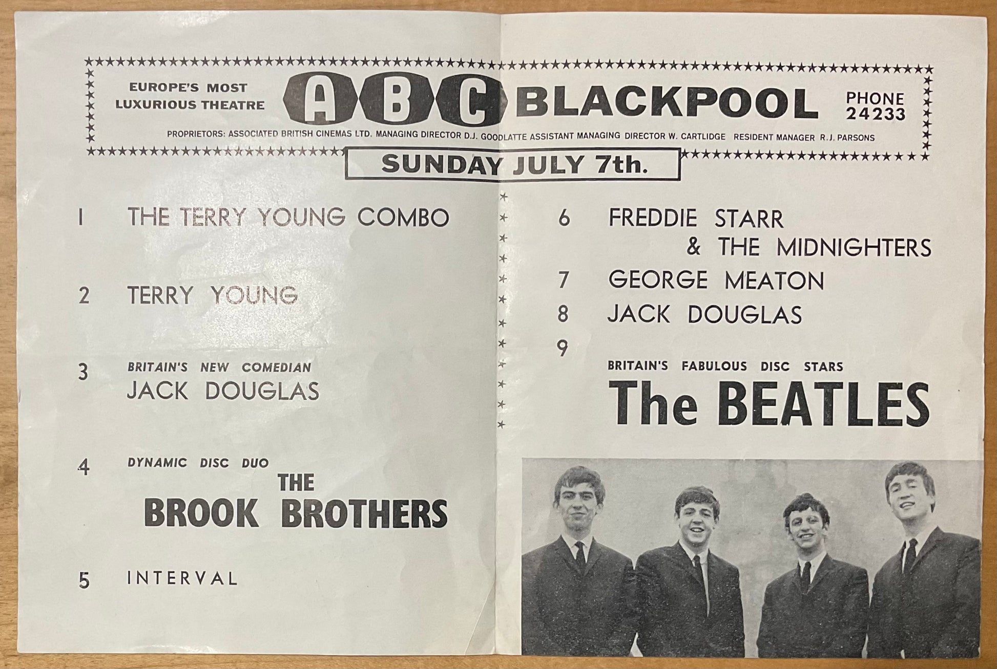 Beatles Original Concert Programme ABC Cinema Blackpool 7th July 1963