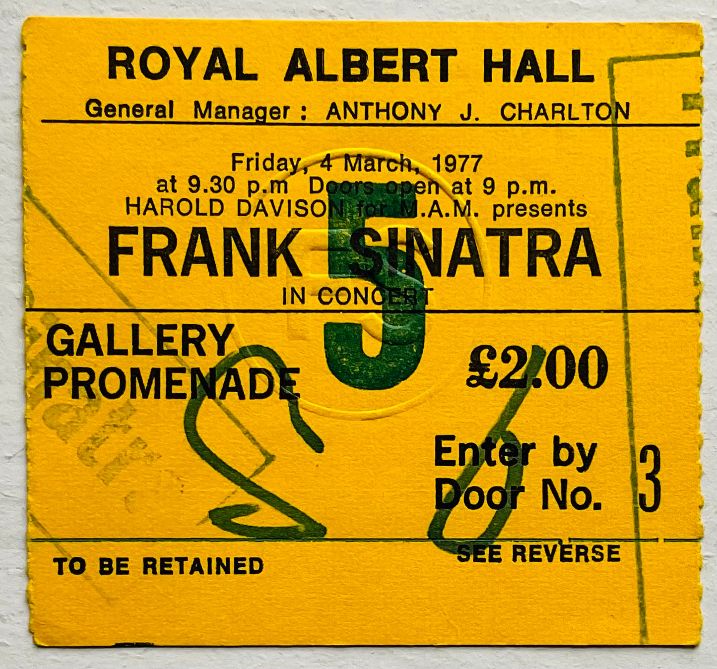 Frank Sinatra Original Used Concert Ticket Royal Albert Hall London 4th March 1977