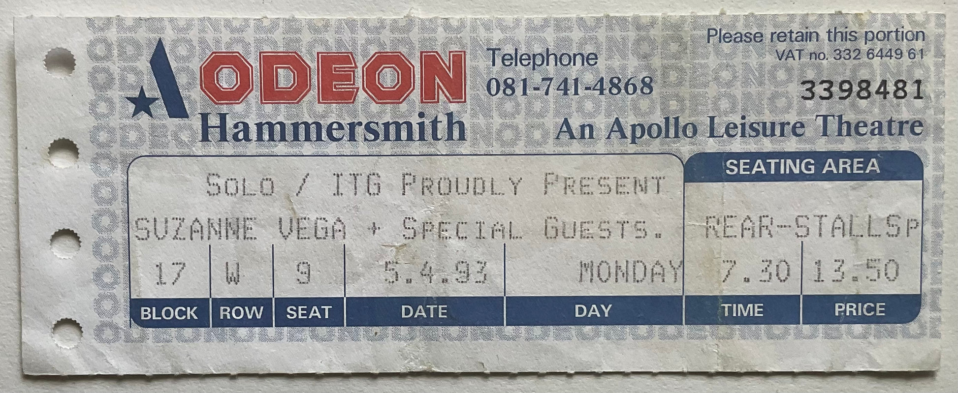 Suzanne Vega Original Used Concert Ticket Hammersmith Odeon London 5th Apr 1993