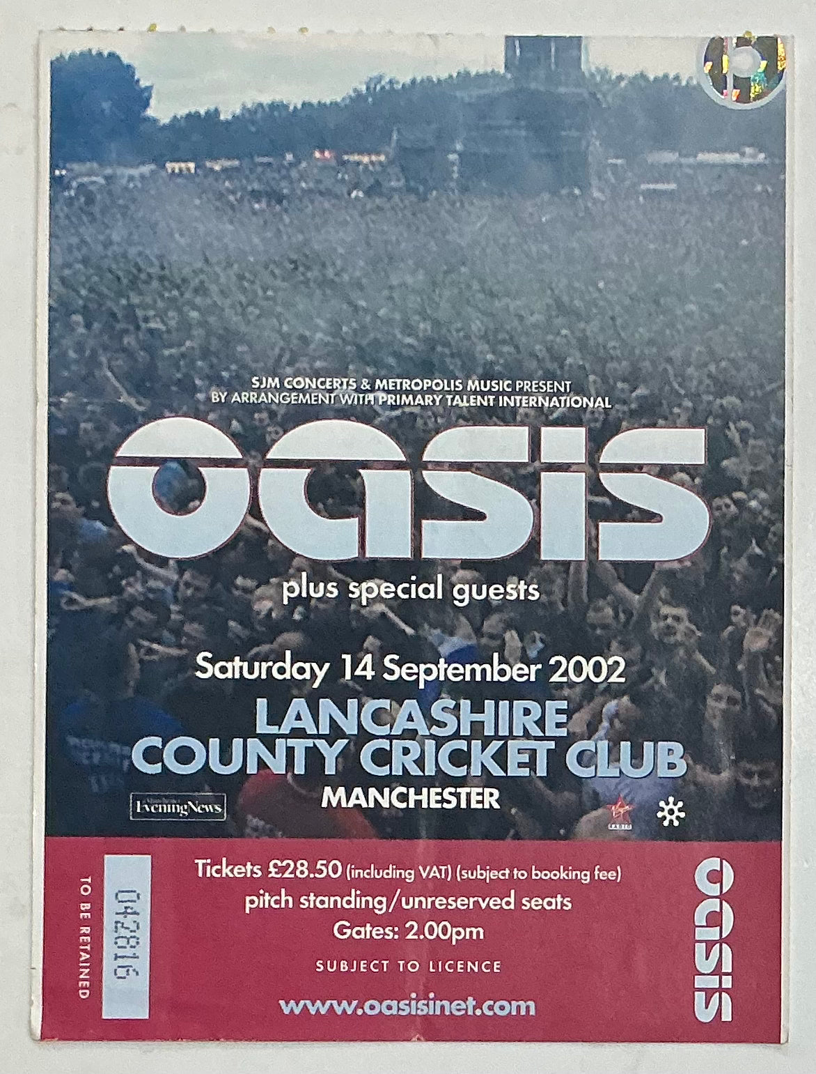 Oasis Original Used Concert Ticket Lancashire Country Cricket Club Manchester 14 Sept 2002
