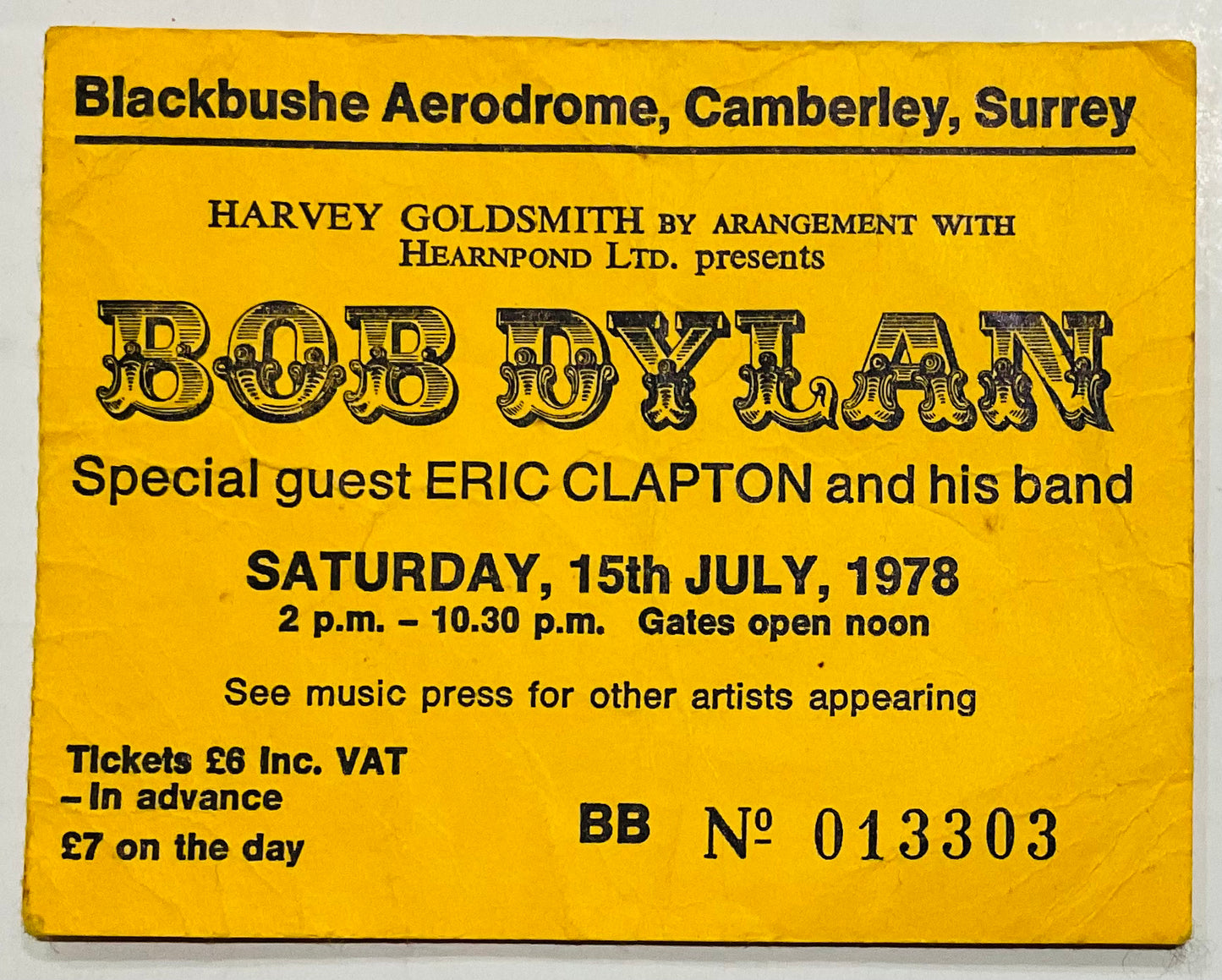 Bob Dylan Eric Clapton Original Used Concert Ticket Blackbushe Aerodrome Camberley 15th July 1978
