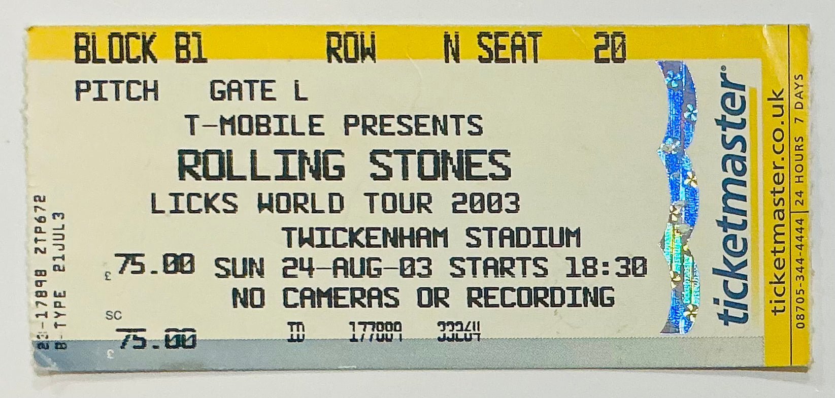 Rolling Stones Original Used Concert Ticket Twickenham Stadium London 24th Aug 2003