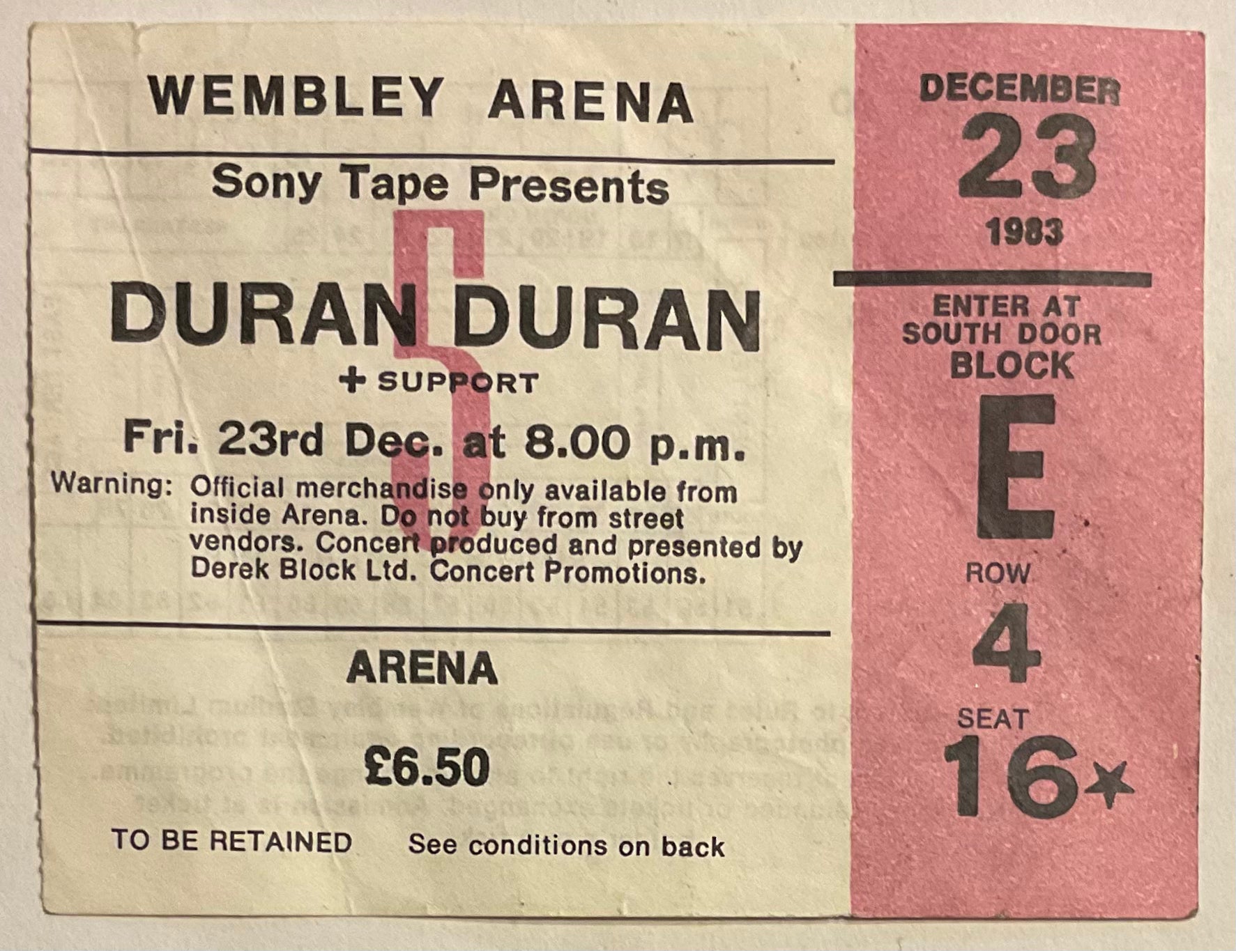 Duran Duran Original Used Concert Ticket Wembley Arena London 23rd Dec 1983