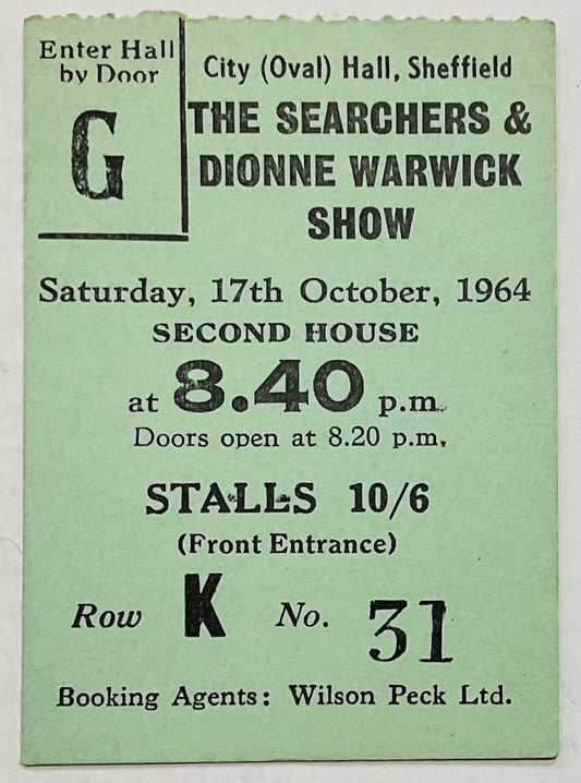 Searchers Dionne Warwick Zombies Original Concert Ticket City Hall Sheffield 17th Oct 1964