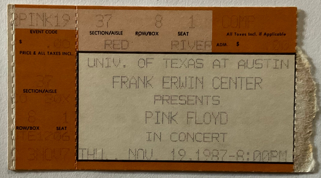 Pink Floyd Original Used Concert Ticket Frank Erwin Center Austin 19th Nov 1987