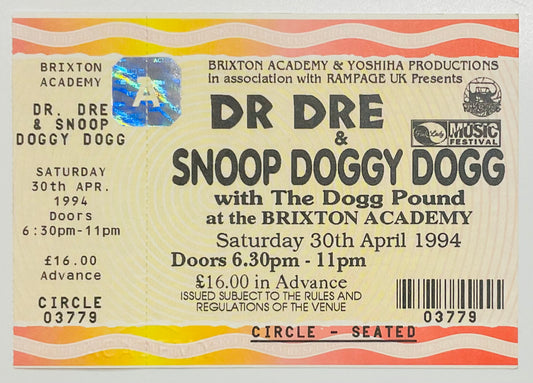 Dr Dre Snoop Doggy Dogg Original Unused Concert Ticket Brixton Academy London 30th Apr 1994