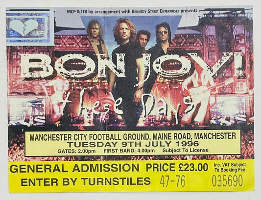 Bon Jovi Original Unused Concert Ticket Manchester City Football Club 9th Jul 1996