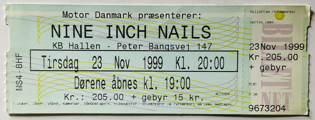 Nine Inch Nails Original Unused Concert Ticket KB Hallen Copenhagen 23rd Nov 1999
