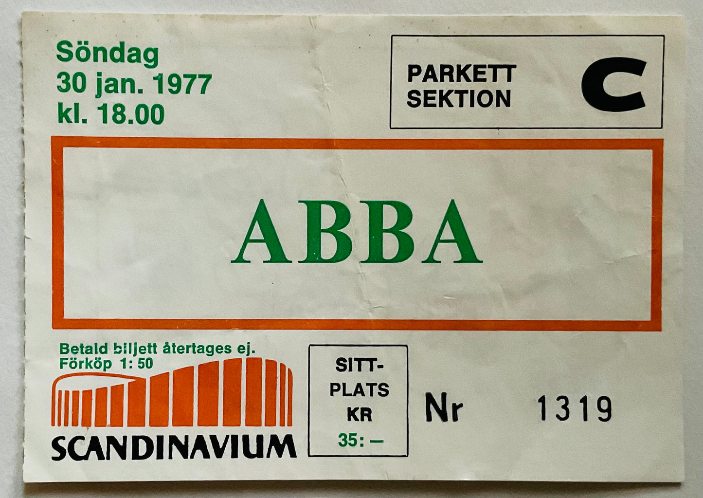 ABBA Original Used Concert Ticket Scandinavium Gothenburg 30th Jan 1977