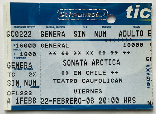 Sonata Arctica Original Used Concert Ticket Teatro Caupolican Santiago 22nd Feb 2008