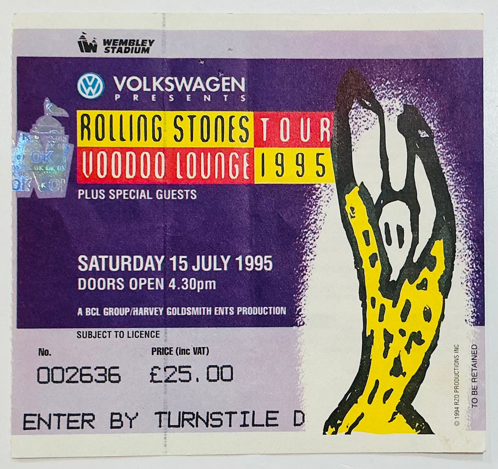 Rolling Stones Original Used Concert Ticket Wembley Stadium London 15th Jul 1995