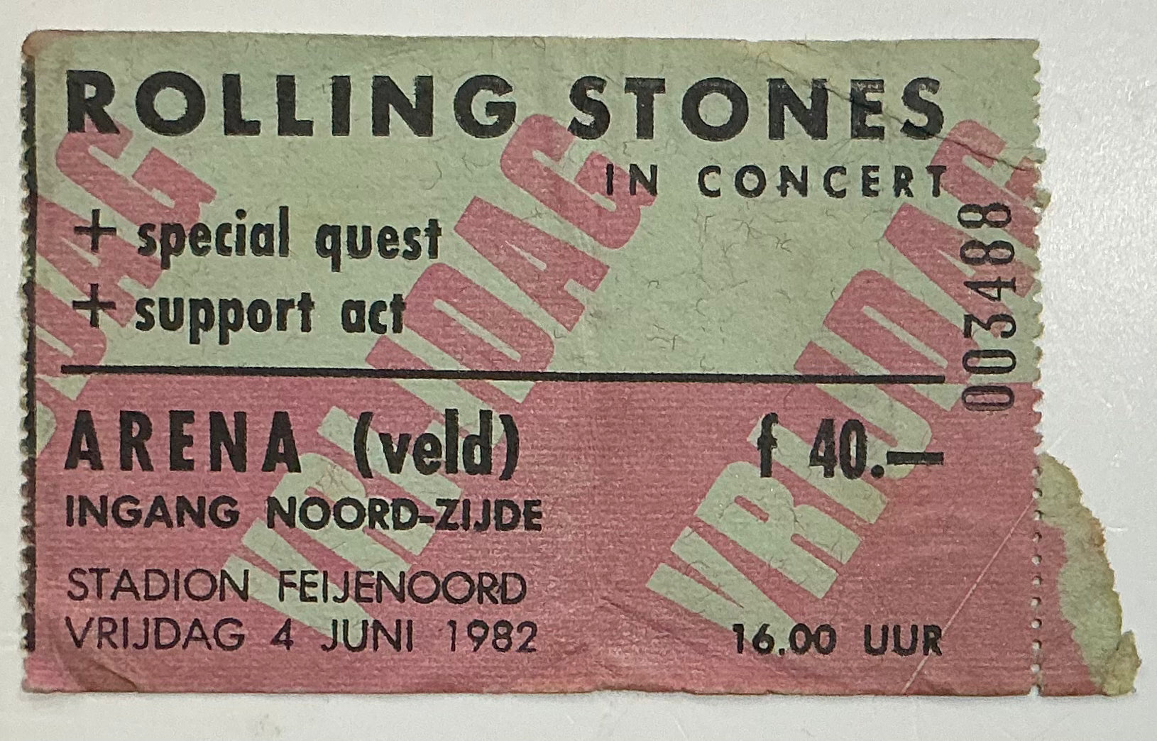 Rolling Stones Original Used Concert Ticket Feijenoord Stadion Rotterdam 4th Jun 1982