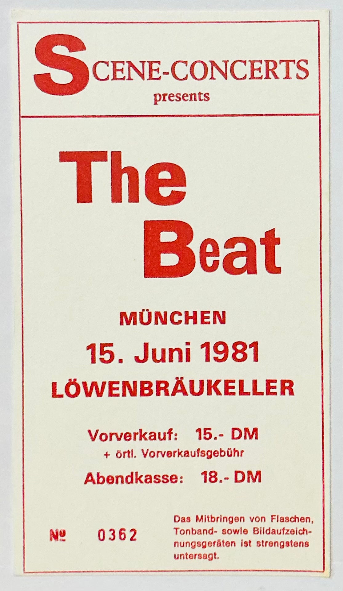 Beat Original Used Concert Ticket Lowenbraukeller Munich 15th Jun 1981