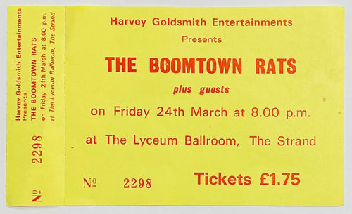 Boomtown Rats Original Unused Concert Ticket Lyceum London 24th Mar 1978