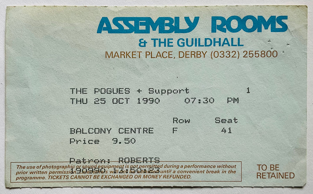 Pogues Original Used Concert Ticket City Assembly Rooms Derby 25th Oct 1990