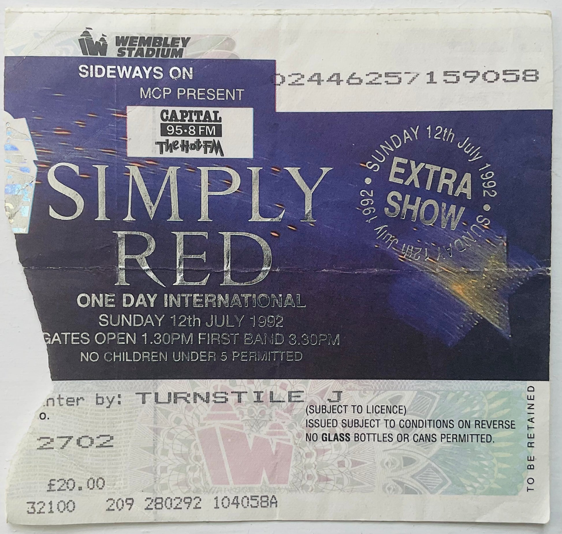 Simply Red Original Used Concert Ticket Wembley Stadium London 12th Jul 1992