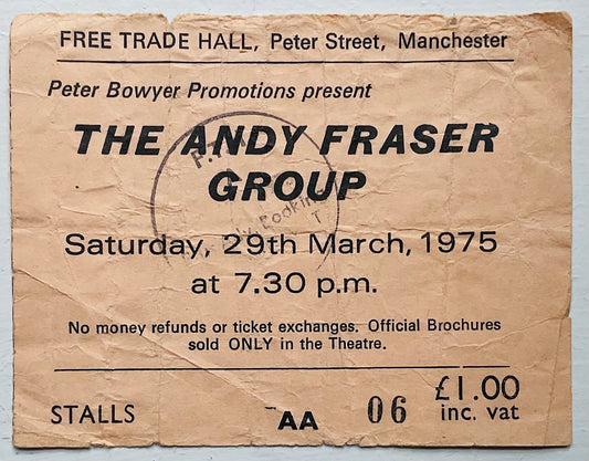 Free Andy Fraser Group Original Used Concert Ticket Free Trade Hall Manchester 29th Mar 1975