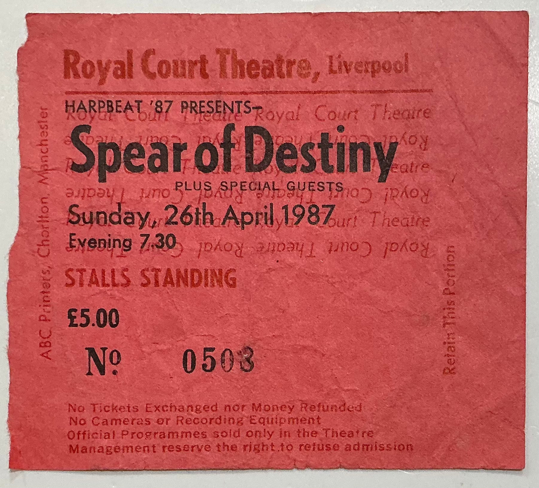 Spear of Destiny Original Used Concert Ticket Royal Court Theatre Liverpool 26th Apr 1987