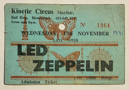 Led Zeppelin Original Used Concert Ticket Kinetic Circus Birmingham 17th Nov 1971