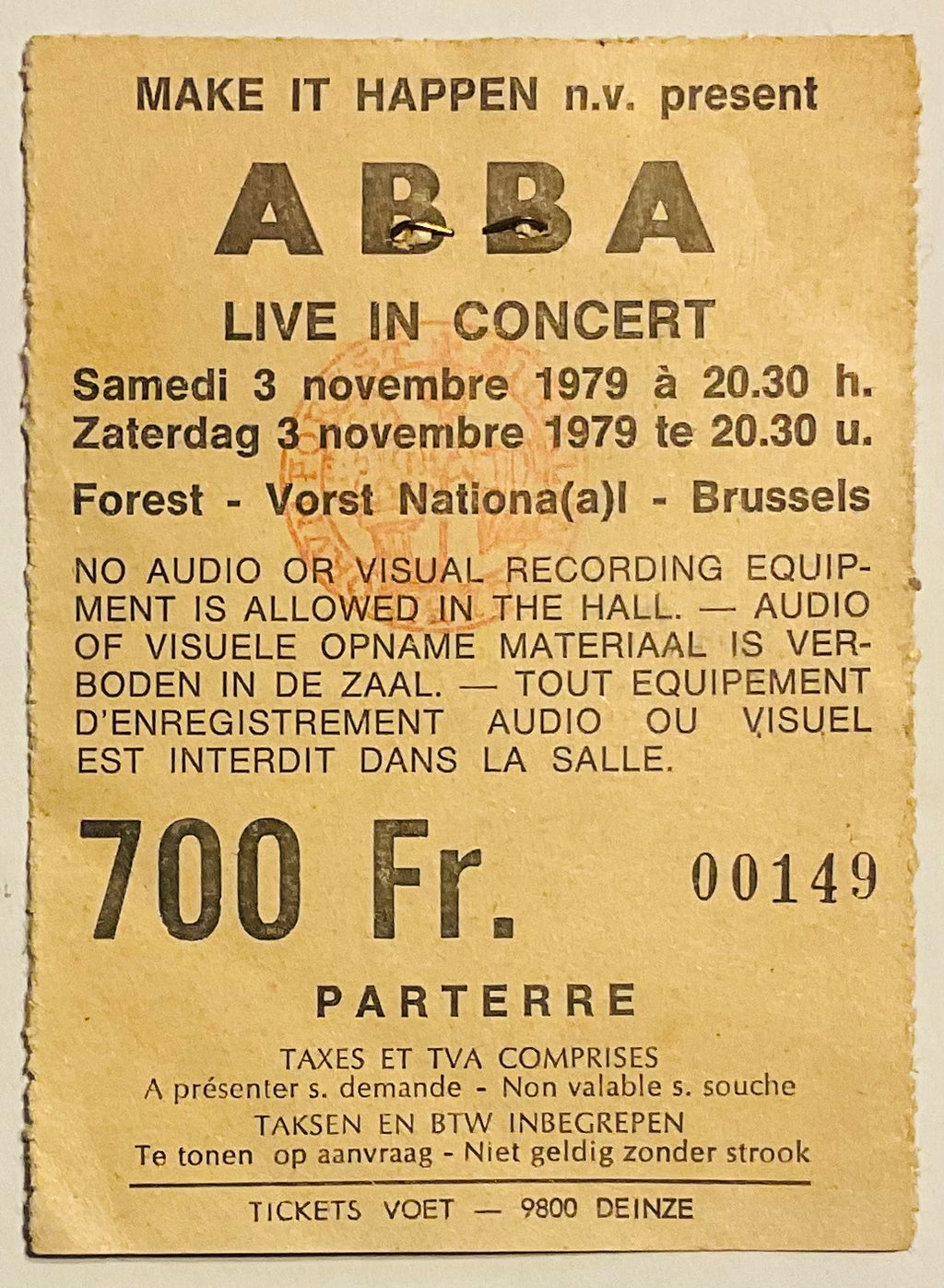 ABBA Original Used Concert Ticket Forest National Brussels 3rd Nov 1979