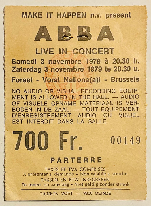 ABBA Original Used Concert Ticket Forest National Brussels 3rd Nov 1979