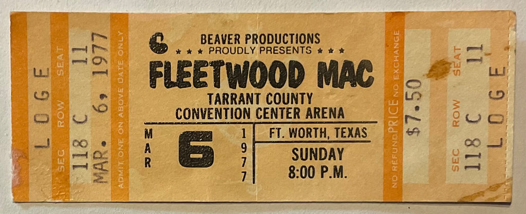 Fleetwood Mac Original Unused Concert Ticket Tarrant County Convention Center Arena 6th Mar 1977