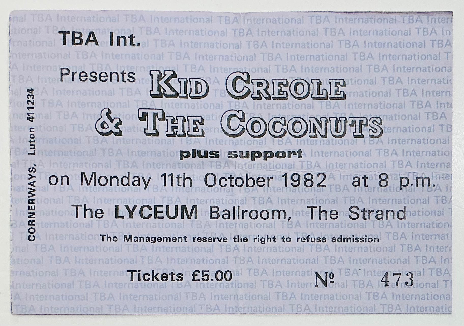 Kid Creole & the Coconuts Original Used Concert Ticket Lyceum Ballroom London 11th Oct 1982