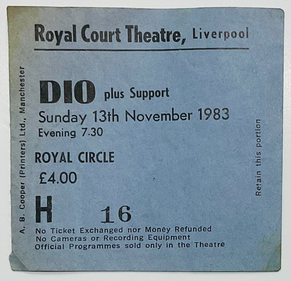 Dio Original Used Concert Ticket Royal Court Theatre Liverpool 13th Nov 1983