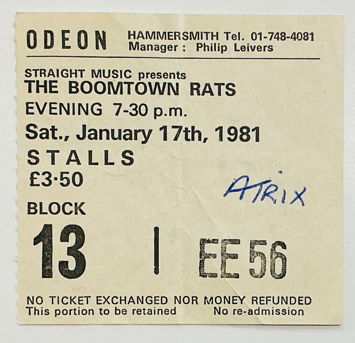 Boomtown Rats Original Used Concert Ticket Hammersmith Odeon London 17th Jan 1981