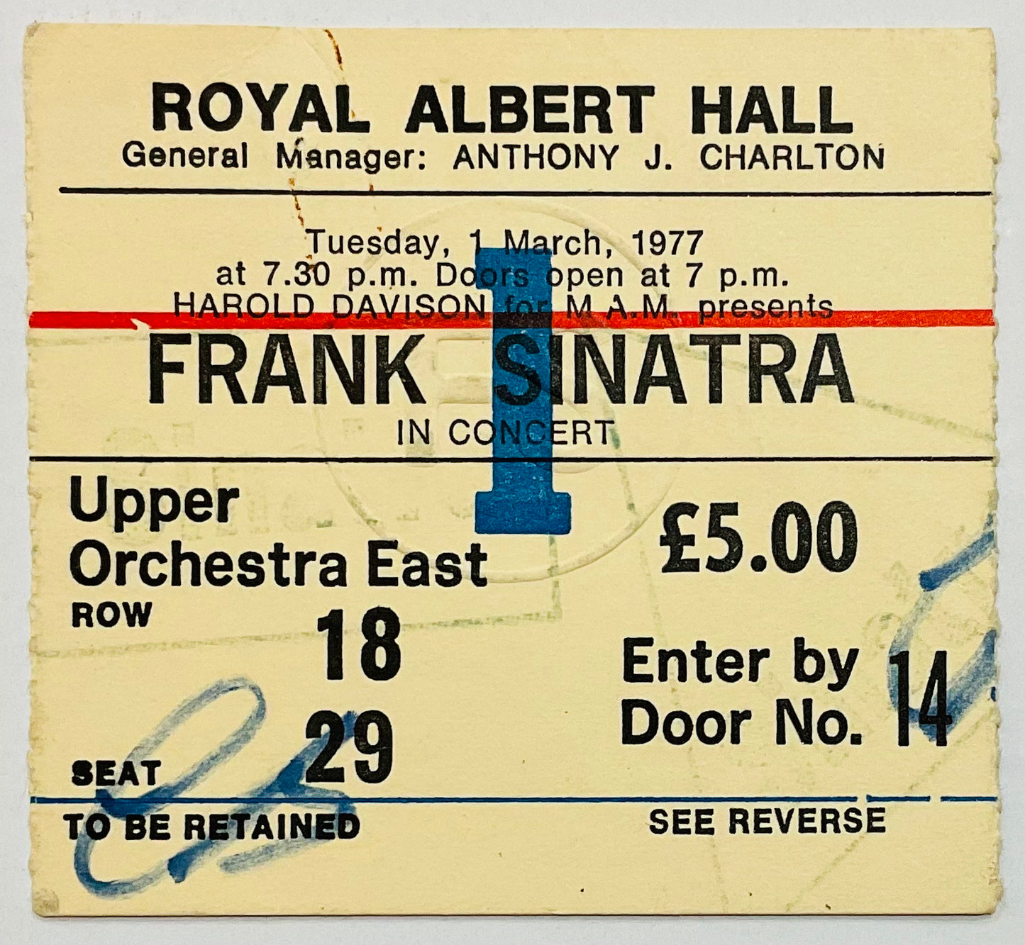 Frank Sinatra Original Used Concert Ticket Royal Albert Hall London 1st March 1977