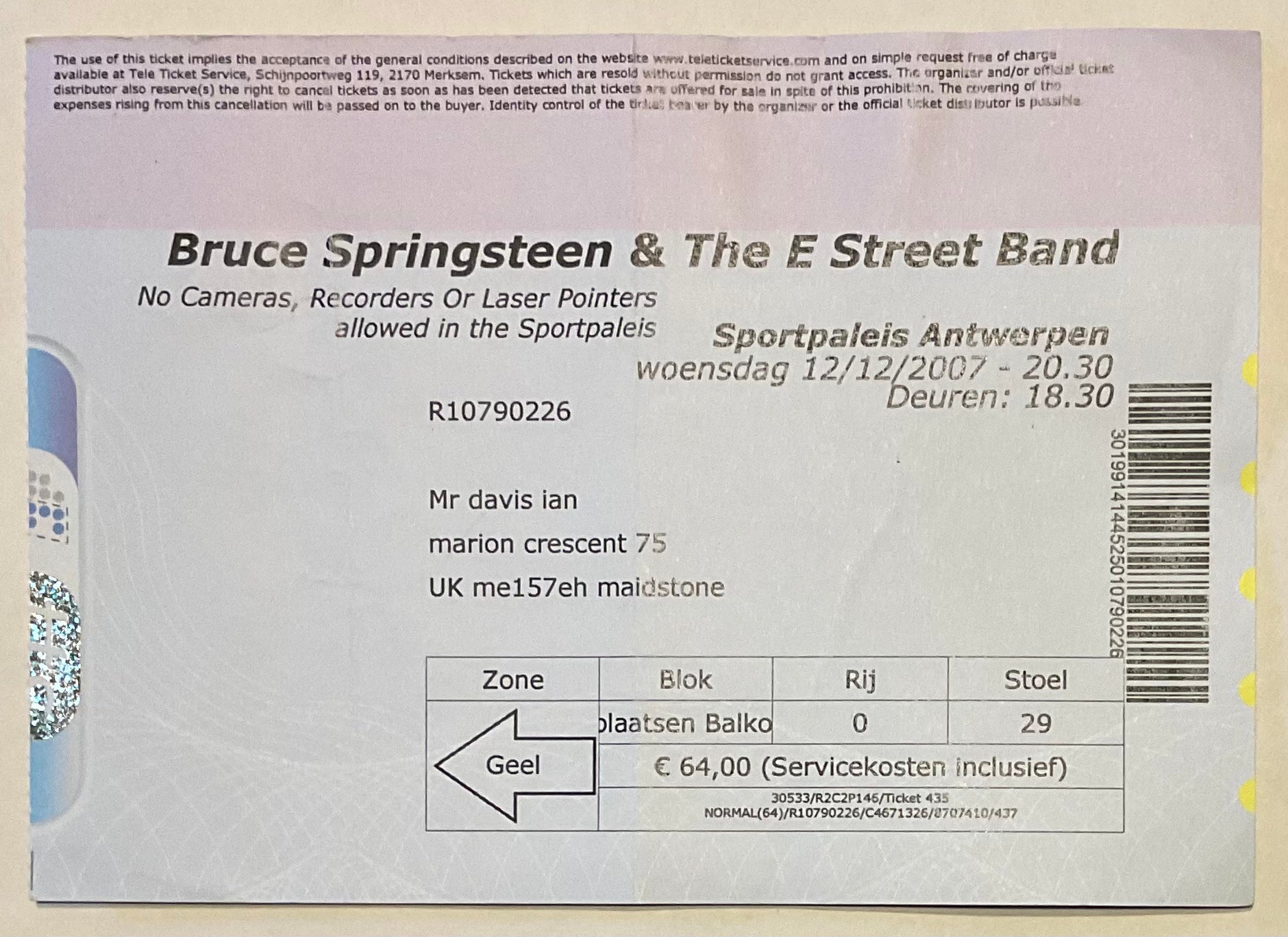 Bruce Springsteen Original Used Concert Ticket Sportpaleis Antwerp 12th Dec 2007