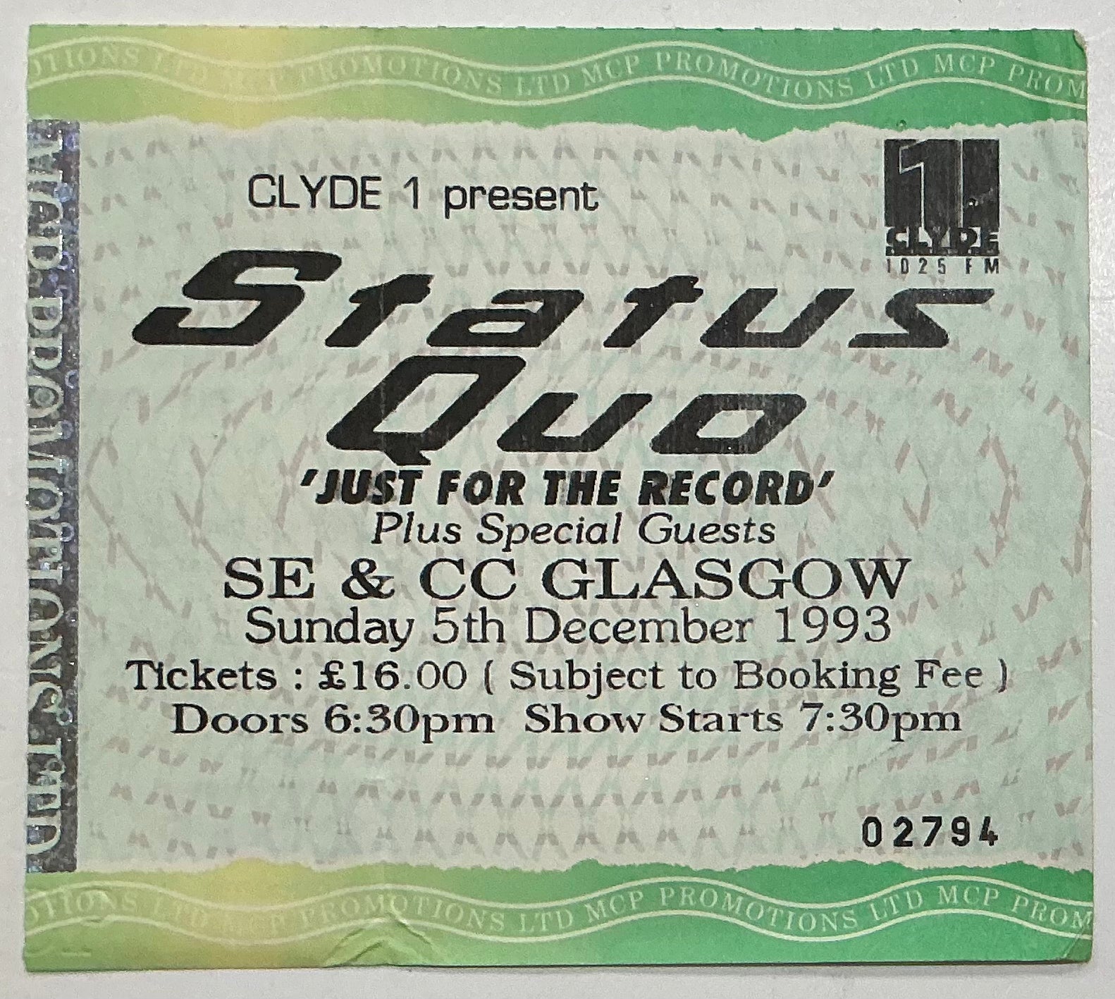 Status Quo Original Used Concert Ticket SECC Glasgow 5th Dec 1993