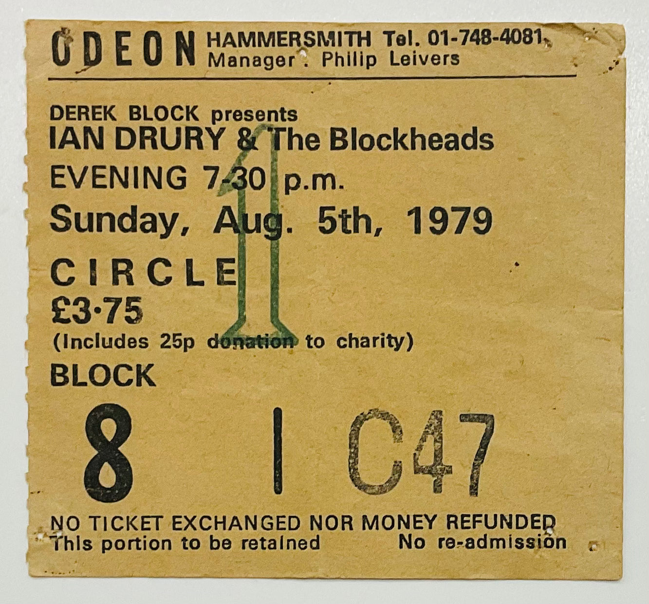 Ian Dury Original Concert Ticket Hammersmith Odeon London 5th Aug 1979