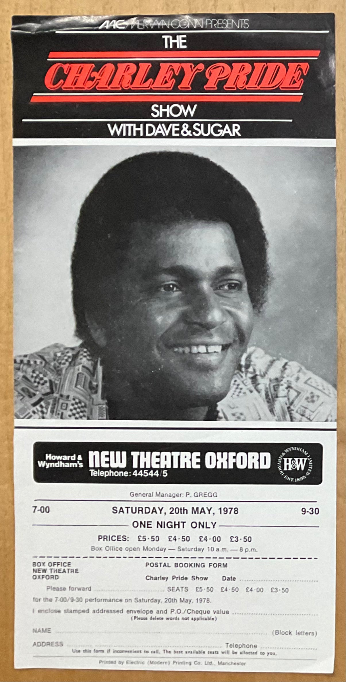 Charlie Pride Original Concert Handbill Flyer New Theatre Oxford 20th May 1978