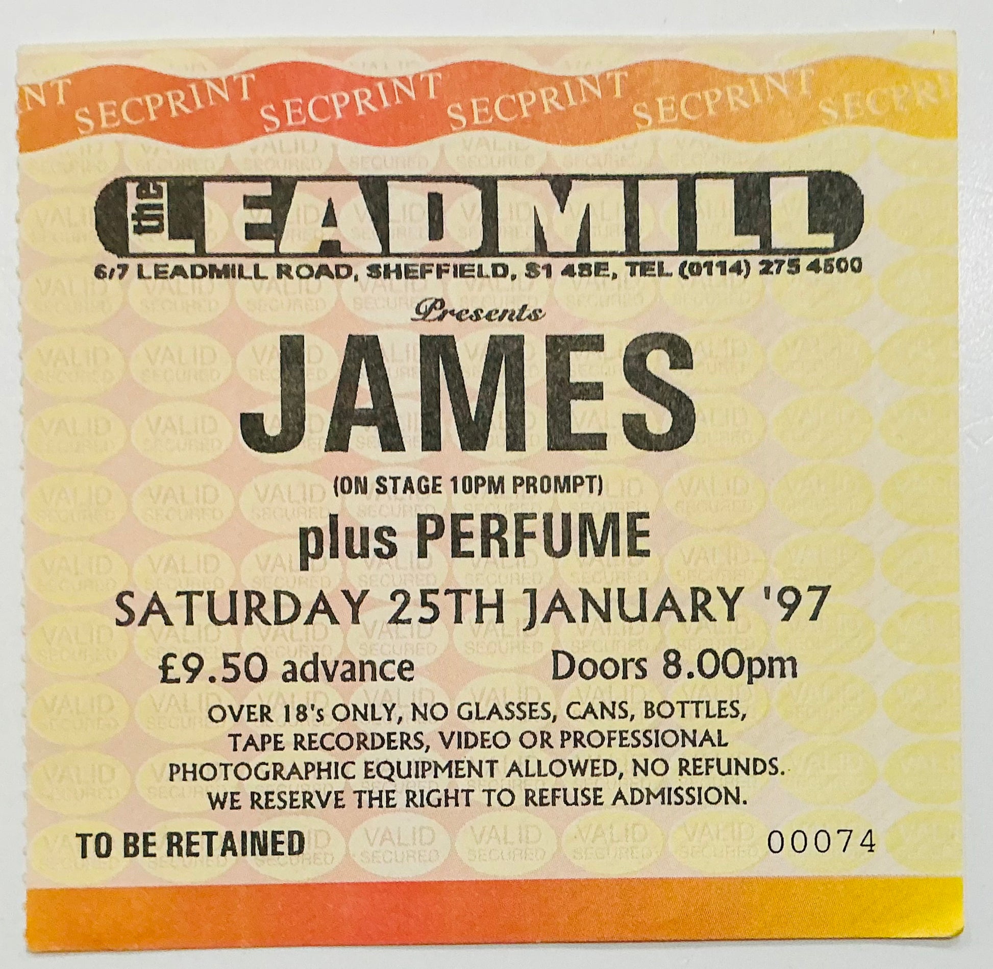 James Original Used Concert Ticket Leadmill Sheffield 25th Jan 1997