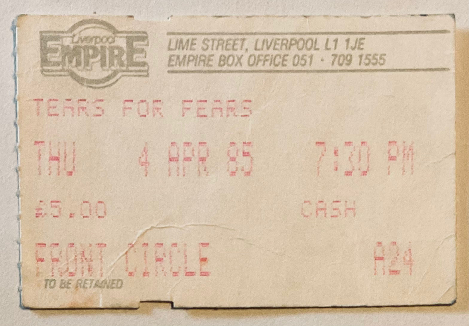Tears For Fears Original Used Concert Ticket Empire Theatre Liverpool 4th Apr 1985