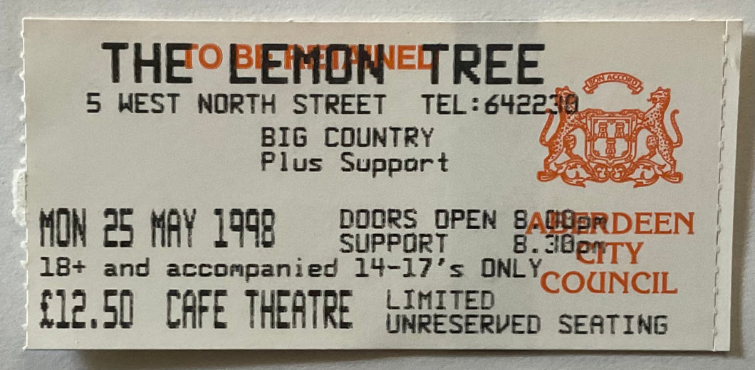 Big Country Original Used Concert Ticket Lemon Tree Aberdeen 25th May 1998