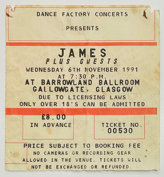 James Original Used Concert Ticket Barrowland Ballroom Glasgow 6th Nov 1991