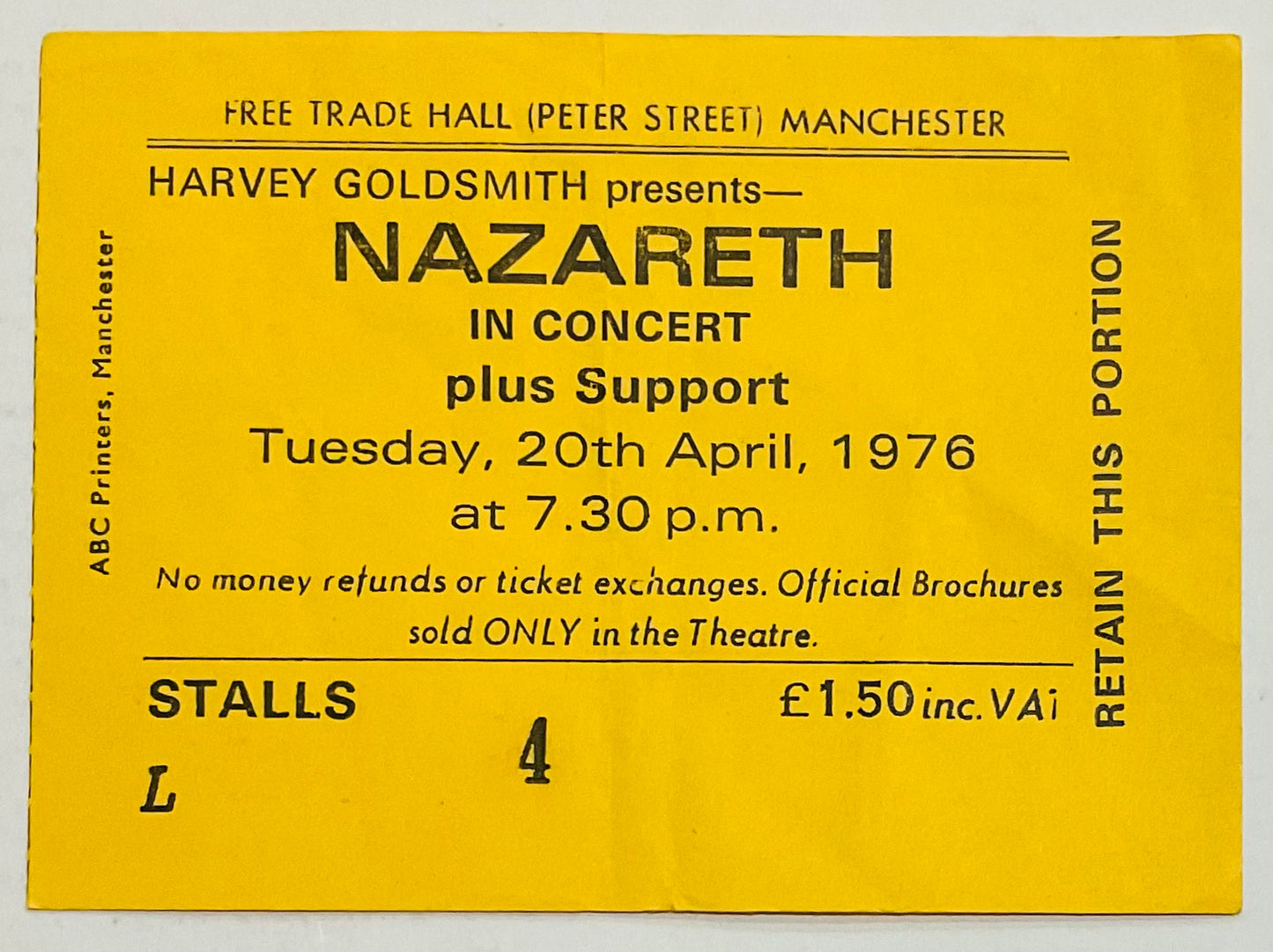 Nazareth Original Used Concert Ticket Free Trade Hall Manchester 20th Apr 1976